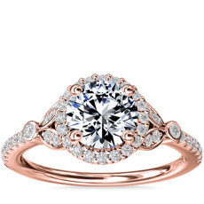 Petite bague de fiançailles en diamants sertis pavé avec halo feuille en or rose 14 carats(1/4 carat, poids total)